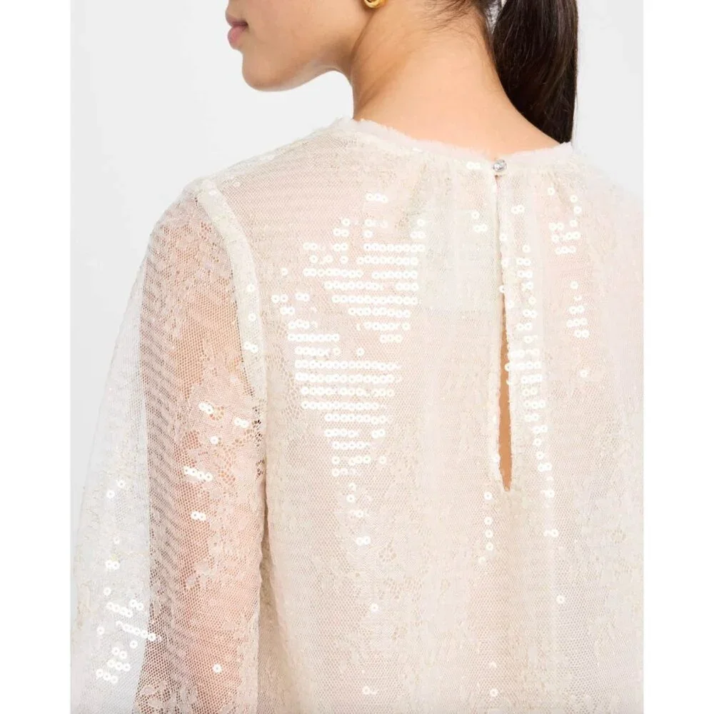 Le Superbe Sparkling Femme Sequin Sheer Blouse Sheer White Womens Size 2